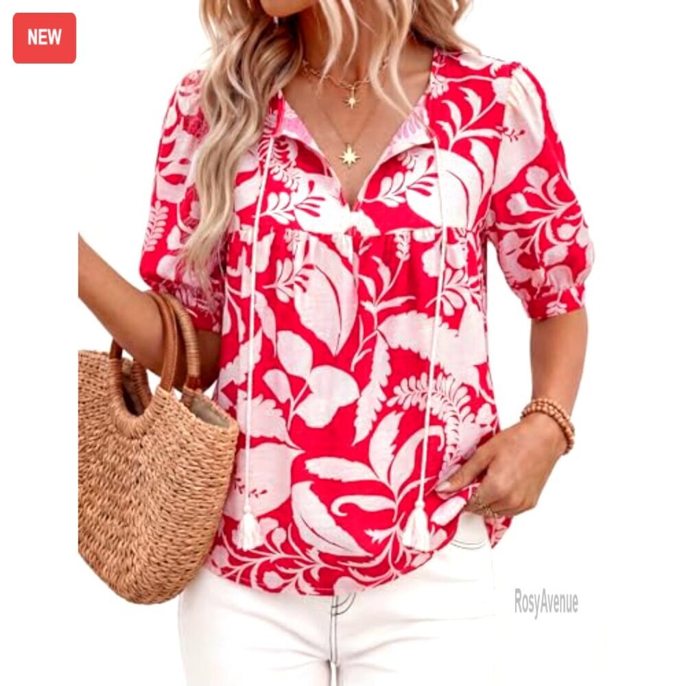 Boho Puff Sleeve Blouse Tie Front V Neck Casual Summer Top - Picture 2 of 7